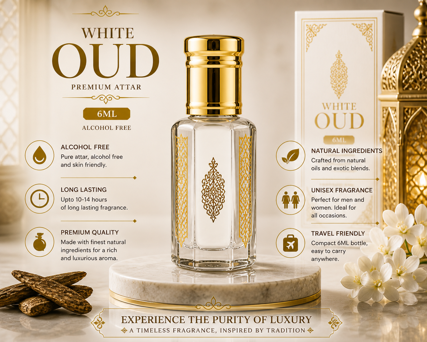 Texture close-up or alternate angle of White Oud Attar 6ML | Long Lasting Non Alcoholic Perfume Oil for Men & Women