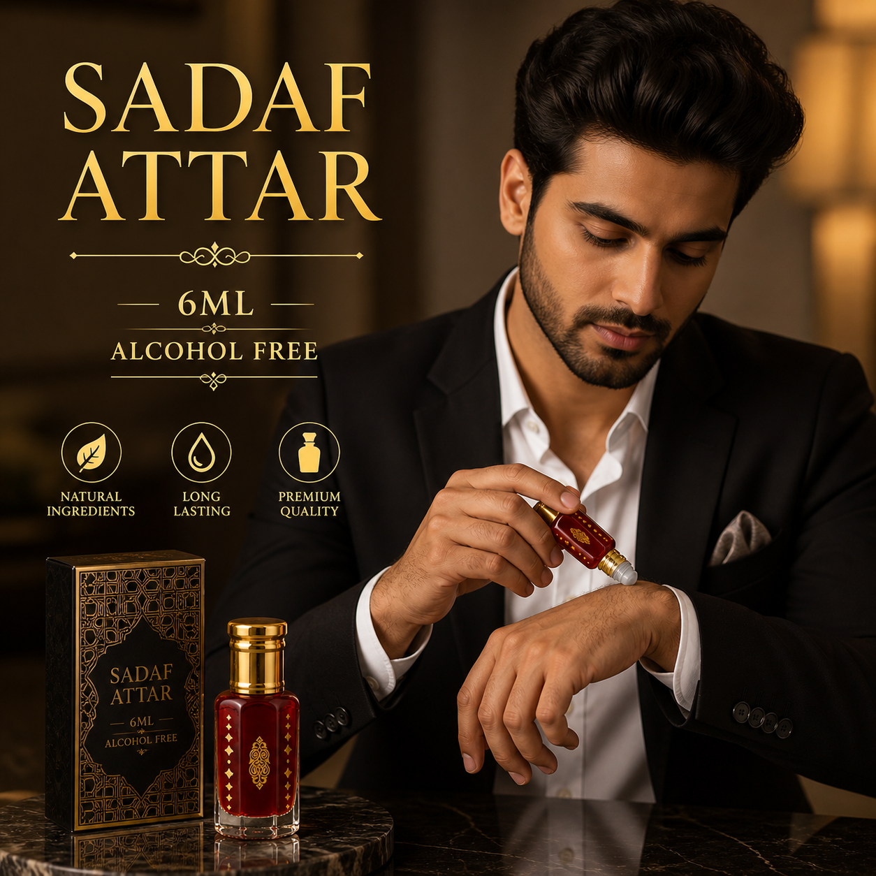Lifestyle shot of Sadaf Attar 6ML | Long Lasting Alcohol Free Perfume Oil bottle resting on an elegant surface