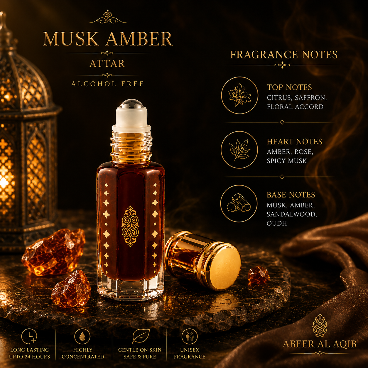Texture close-up or alternate angle of MUSK AMBER Attar 6ML Alcohol Free Long Lasting Premium Luxury Roll On Perfume Oil For Men & Women